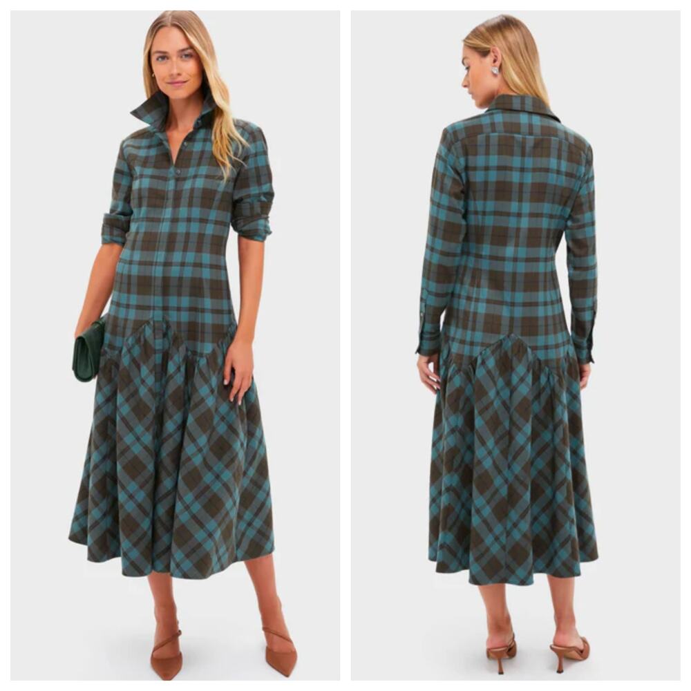 Tuckernuck Plaid Midi Shirt Dress Drop Waist Blue Brown Large NWT